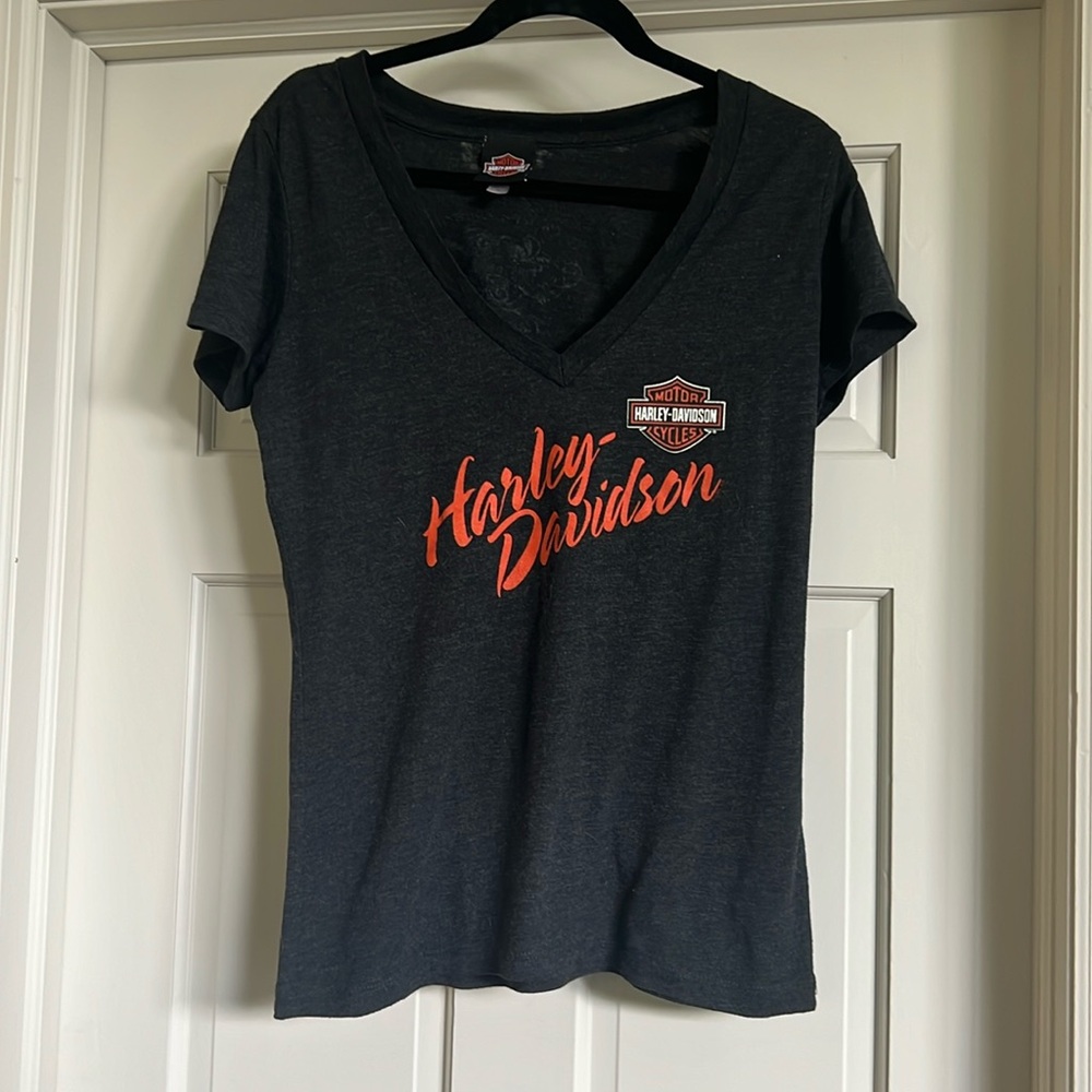 Harley Davidson Gray/Orange V-Neck T-Shirt Size Large